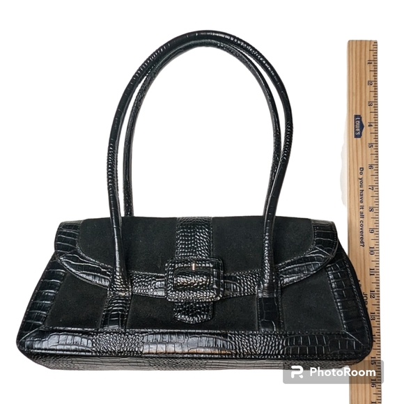 Ann Taylor Handbag Black Leather Suede  Double Handles Multiple Pockets A83 - Picture 3 of 14